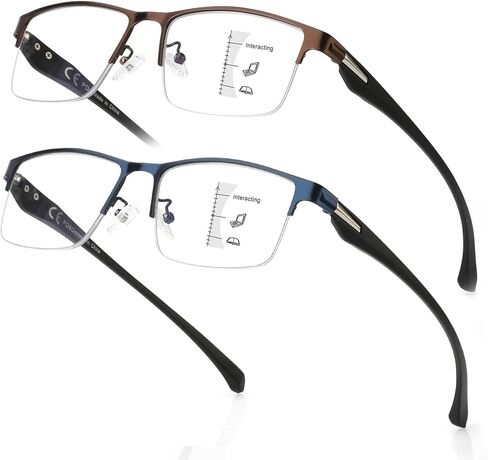 SKYOAK 2 Pack Premium Quality Progressive Multifocus Half Frame Reading Glasses for Men, No-Line Blue Light Blocking Computer Readers Multifocal Eyeglasses with TR90 Temples, Black and Gunmetal +2.5x in Saudi Arabia