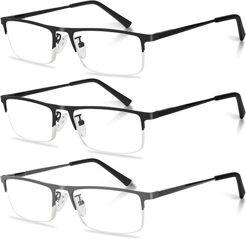 نظارات قراءة مكونة من 3 قطع للرجال، نصف إطار معدني خفيف الوزن يحجب الضوء الأزرق لقارئات الكمبيوتر، فلتر أنيق للأشعة فوق البنفسجية/وهج الكمبيوتر مع نظارات بمفصلات زنبركية (3 قطع باللون الأسود،+1.0) in Kuwait