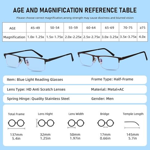 3-Pack Reading Glasses for Men, Lightweight Metal Half Frame Blue Light Blocking Computer Readers, Stylish Filter UV Ray/Computer Glare with Spring Hinge Eyeglasses(3PCS Black,+1.0) in Saudi Arabia