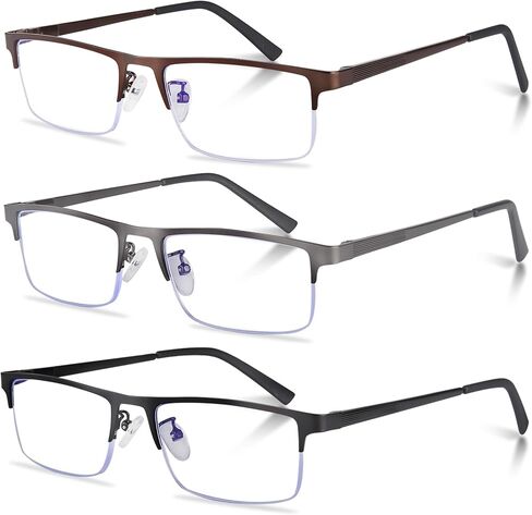 3-Pack Reading Glasses for Men, Lightweight Metal Half Frame Blue Light Blocking Computer Readers, Stylish Filter UV Ray/Computer Glare with Spring Hinge Eyeglasses(3PCS Black,+1.0) in Saudi Arabia