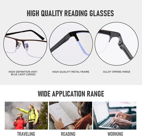 3-Pack Reading Glasses for Men, Lightweight Metal Half Frame Blue Light Blocking Computer Readers, Stylish Filter UV Ray/Computer Glare with Spring Hinge Eyeglasses(3PCS Black,+1.0) in Saudi Arabia