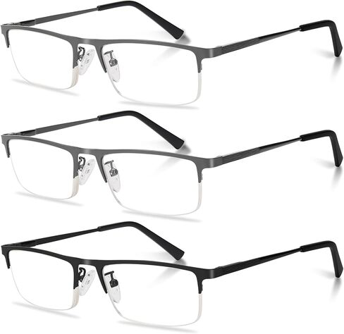 3-Pack Reading Glasses for Men, Lightweight Metal Half Frame Blue Light Blocking Computer Readers, Stylish Filter UV Ray/Computer Glare with Spring Hinge Eyeglasses(3PCS Black,+1.0) in Saudi Arabia