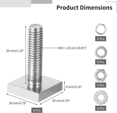 6 قطع من البراغي ذات الفتحات T، مقاس M8×30 ​​مم (1.18 بوصة) بأربعة مسامير على شكل حرف T ذات رأس مربع، ومحولات مسامير على شكل حرف T من الفولاذ المقاوم للصدأ مع غسالات وصواميل، ومحولات مسامير لرفوف دراجات الكاياك، وقضبان متقاطعة لرف السقف in Kuwait