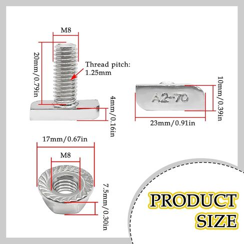 10 Sets M8 x 20mm T Slot Drop-in Bolt,T Shape Hammer Head Bolt,with M8 Hex Flange Nut Set,for Aluminum Extrusion Profile,Photovoltaic,Solar Mounting in Saudi Arabia