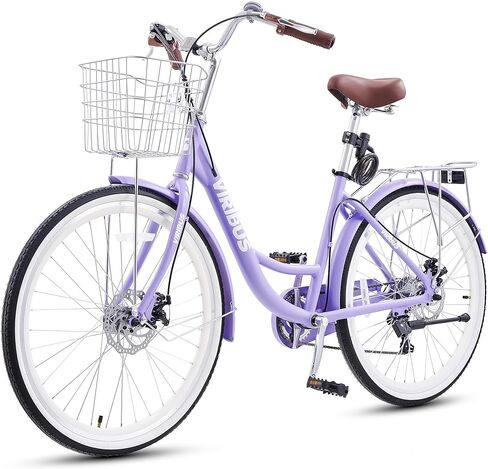 VIRIBUS Womens Bike with Lightweight Aluminum Alloy Frame, 7 Speed Beach Cruiser Bike for Women with Front Basket & Rack, Step-Through Bicycle for Women with Disc Brakes, 24 26 in. 330 lb. in Kuwait