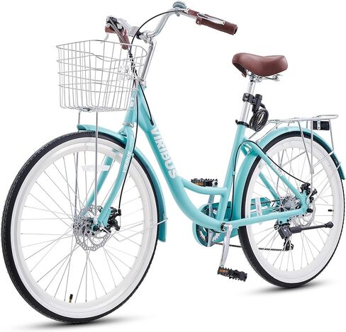 VIRIBUS Womens Bike with Lightweight Aluminum Alloy Frame, 7 Speed Beach Cruiser Bike for Women with Front Basket & Rack, Step-Through Bicycle for Women with Disc Brakes, 24 26 in. 330 lb. in Saudi Arabia
