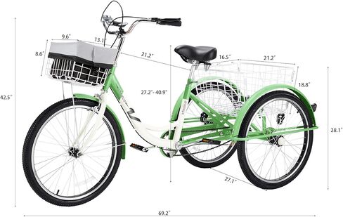 VIRIBUS Adult Tricycles for Women, Single Speed Tricycle for Adults with Front & Rear Detachable Wheeled Baskets, 3 Wheel Bikes for Adults Seniors 1 Speed, 400 lb. Capacity Three Wheeler, 26 in. in Kuwait