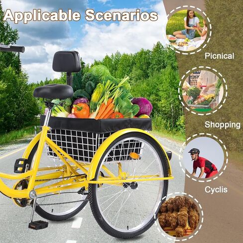 دراجة ثلاثية العجلات للكبار 26 بوصة، 7 سرعات 3 عجلات، مقعد كبير مع مسند ظهر للبالغين مع سلال خلفية، دراجة كروزر لكبار السن والنساء والرجال للتنزه في الهواء الطلق in Kuwait