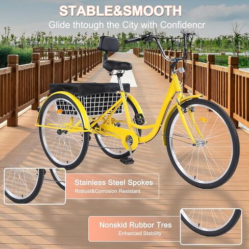 دراجة ثلاثية العجلات للكبار 26 بوصة، 7 سرعات 3 عجلات، مقعد كبير مع مسند ظهر للبالغين مع سلال خلفية، دراجة كروزر لكبار السن والنساء والرجال للتنزه في الهواء الطلق in Kuwait