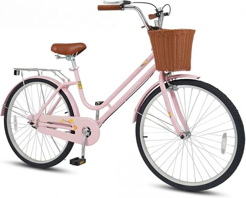 Goplus Beach Cruiser Bike for Women, 24/26 Inch Commuter Bicycle w/Basket, Rear Rack, Bell, Low Step Through Frame, Adjustable Seat, City Bike for Teens, Adults, Ladies in Saudi Arabia