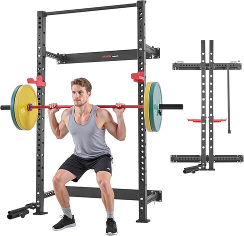 VEVOR Folding Power Cage, Wall-Mounted Power Rack Squat Rack, Multifunctional Strength Training Workout Equipment with Landmine Holder, Adjustable J-Hooks & Pull-Up Bar for Home Gym, 1000LBS Capacity in Saudi Arabia
