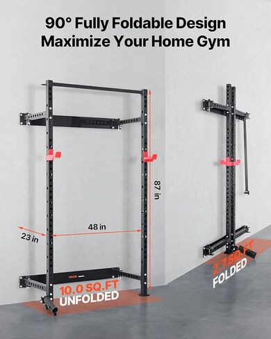 VEVOR Folding Power Cage, Wall-Mounted Power Rack Squat Rack, Multifunctional Strength Training Workout Equipment with Landmine Holder, Adjustable J-Hooks & Pull-Up Bar for Home Gym, 1000LBS Capacity in Saudi Arabia