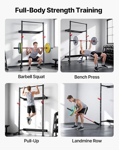 VEVOR Folding Power Cage, Wall-Mounted Power Rack Squat Rack, Multifunctional Strength Training Workout Equipment with Landmine Holder, Adjustable J-Hooks & Pull-Up Bar for Home Gym, 1000LBS Capacity in Saudi Arabia