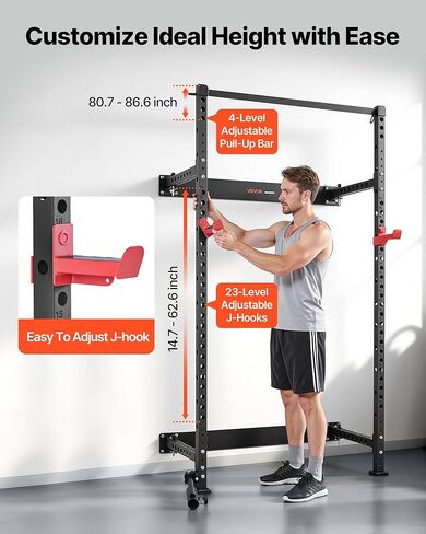 VEVOR Folding Power Cage, Wall-Mounted Power Rack Squat Rack, Multifunctional Strength Training Workout Equipment with Landmine Holder, Adjustable J-Hooks & Pull-Up Bar for Home Gym, 1000LBS Capacity in Saudi Arabia