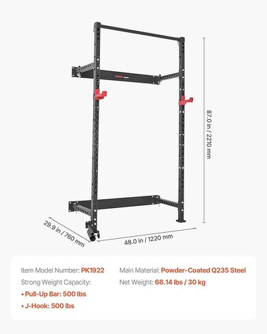 VEVOR Folding Power Cage, Wall-Mounted Power Rack Squat Rack, Multifunctional Strength Training Workout Equipment with Landmine Holder, Adjustable J-Hooks & Pull-Up Bar for Home Gym, 1000LBS Capacity in Saudi Arabia
