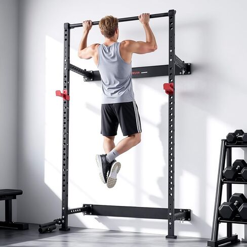 VEVOR Folding Power Cage, Wall-Mounted Power Rack Squat Rack, Multifunctional Strength Training Workout Equipment with Landmine Holder, Adjustable J-Hooks & Pull-Up Bar for Home Gym, 1000LBS Capacity in Saudi Arabia