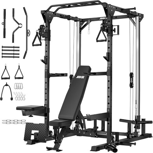 قفص الطاقة JEEKEE مع نظام كروس الكابل، رف طاقة متعدد الوظائف سعة 2000 رطل مع بكرات مزدوجة مستقلة، وسادة مقعد قابلة للسحب للأسفل، 20+ مرفقات رف القرفصاء للتمرين المنزلي في صالة الألعاب الرياضية in Kuwait