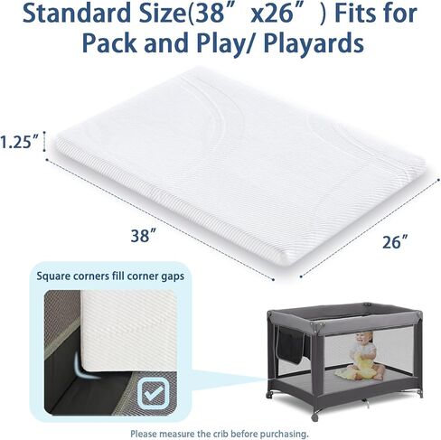 Pack N Play Mattress ، مرتبة 38 × 24inck سرير مع شريط تمدد للسفر ، مراتب سفر للأطفال المحمولة ، وسادة بديلة وغطاء مرتبة قابلة للغسل 30 د رغوة الذاكرة in Kuwait
