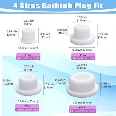 24 PCS Bathtub Jet Covers 4 Sizes Silicone Hole Plug Fit 12mm 14mm 16mm 22-23mm Bathtub Hole, Round Waterproof Bathtub Plug White Tube Plugs Soft Flexible Reusable End Covers in Saudi Arabia