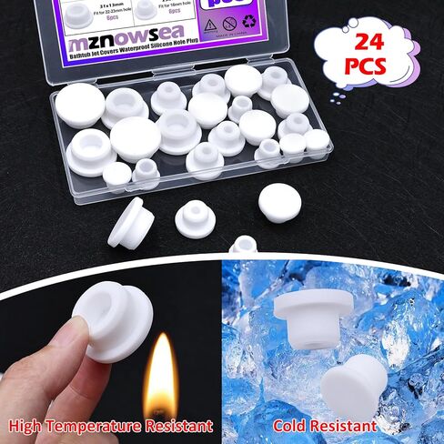 24 PCS Bathtub Jet Covers 4 Sizes Silicone Hole Plug Fit 12mm 14mm 16mm 22-23mm Bathtub Hole, Round Waterproof Bathtub Plug White Tube Plugs Soft Flexible Reusable End Covers in Saudi Arabia