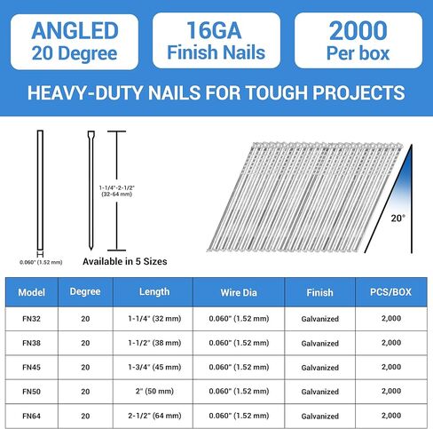 meite 16 Gauge 20 Degree Finish Nails Set 2000-Pack Assorted Size & 1-1/2 Inch Galvanized Angled Finishing Nails for Finish Nailer Cabinet Crown Baseboard in Saudi Arabia