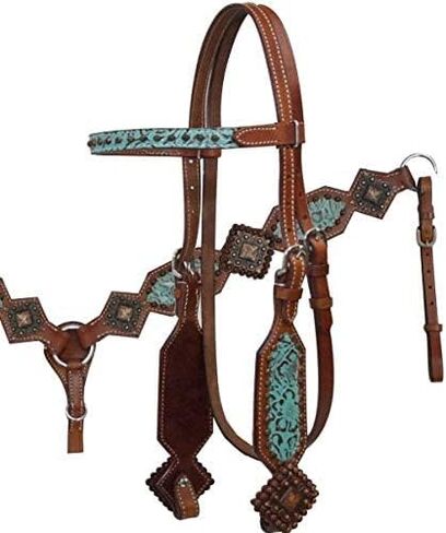Showman Teal & Brown Filigree Print Headstall & Breast Collar Set w/Reins! New Horse TACK! in Saudi Arabia