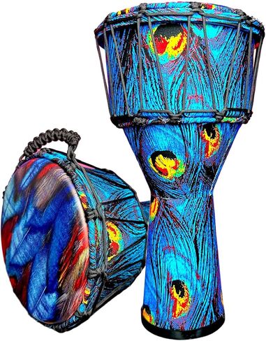 طبلة Djembe احترافية مقاس 10 بوصة، براميل أفريقية للبالغين، تصميم ريش الطاووس، نمط أزرق وأرجواني مرسومة يدويًا، هدايا للموسيقيين in Kuwait