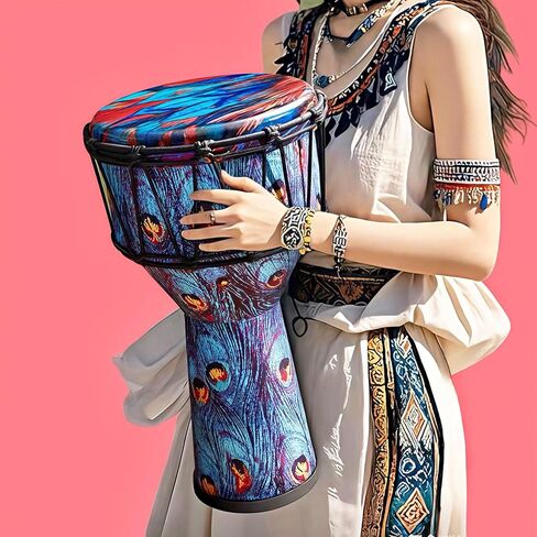 طبلة Djembe احترافية مقاس 10 بوصة، براميل أفريقية للبالغين، تصميم ريش الطاووس، نمط أزرق وأرجواني مرسومة يدويًا، هدايا للموسيقيين in Kuwait