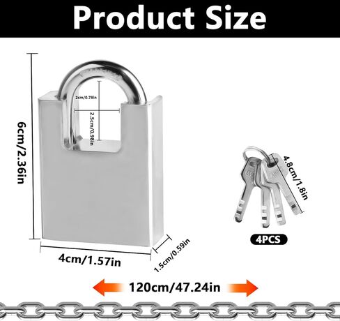 47.24 inch/1.2 Meter Stainless Steel Security Chain Lock with Anti-Cut Padlock & 2 Keys - Heavy Duty Anti-Theft Protection for Bicycle, Motorcycle, Scooter, Door, Fence, Garage in Kuwait