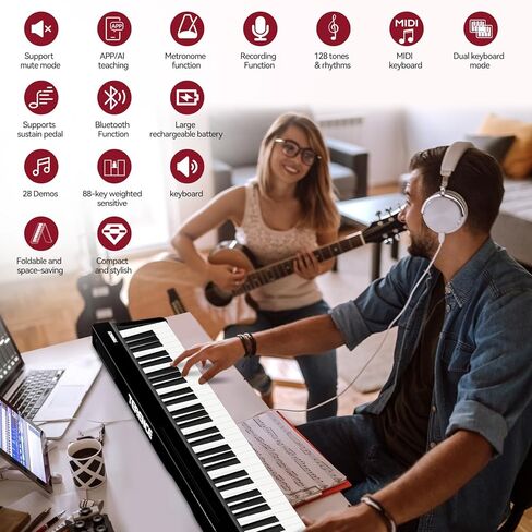 Portable Piano Keyboard 88 Keys: Semi-Weighted Folding Digital Piano Bluetooth, 128 Tones & Silent Mode TERENCE Electric Folding Piano Kit for Adult (Ink Black) in Saudi Arabia
