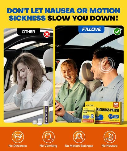 FILLOVE 52ct Motion Sickness Patches Non-Drowsy, 72H Lasting Sea Sickness Patches Cruise Essentials 2026, 100% Natural Motion Sickness Patch Travel Essentials for Car Airplane Ship Altitude Sickness in Kuwait