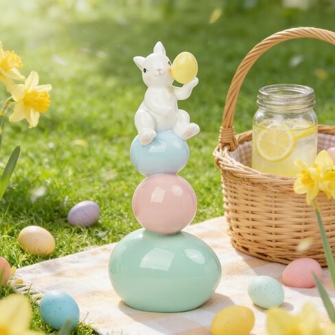 زينة عيد الفصح - تماثيل أرنب الربيع - تماثيل أرنب - قطعة مركزية للطاولة - أرنب لطيف مع شكل ذيل LED منحوتات أرنب بيضاء لديكور المزرعة المنزلية 5 × 6.75 × 10.25 بوصة استوديو نيومان هاوس in Kuwait