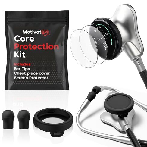 Core Protection Kit for EKO Core 500 Digital Stethoscope – Silicone Chestpiece Cover, 2 Tempered Glass Screen Protectors, & Replacement Ear Tips (Black) in Kuwait