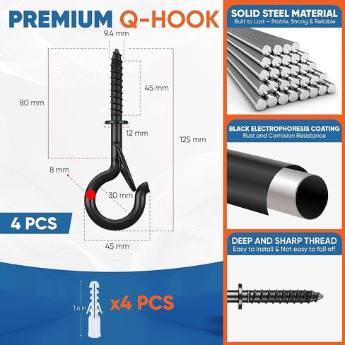 [حمل عمل عالي] 4 قطع من خطافات Q-Hanger بوزن 200 رطل M8 مع غسالة وإبزيم أمان، خطافات لولبية شديدة التحمل مقاس 5 بوصات مقاومة للرياح لتعليق النباتات واليوجا والأضواء والاستخدامات الداخلية والخارجية - أنابيب توسيع، مفك براغي in Kuwait