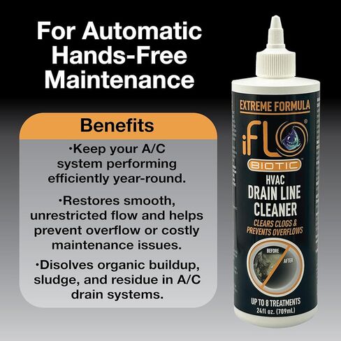 iFLO® Extreme A/C Drain Line Cleaner - حل نظام التدفئة والتهوية وتكييف الهواء سريع المفعول وطويل الأمد للسدادات الصعبة والتراكمات - منظف احترافي لتصريف السوائل ومزيل الانسداد، زجاجة 24 أونصة، عبوة واحدة in Saudi Arabia
