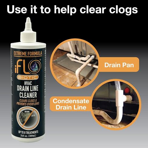 iFLO® Extreme A/C Drain Line Cleaner - حل نظام التدفئة والتهوية وتكييف الهواء سريع المفعول وطويل الأمد للسدادات الصعبة والتراكمات - منظف احترافي لتصريف السوائل ومزيل الانسداد، زجاجة 24 أونصة، عبوة واحدة in Saudi Arabia