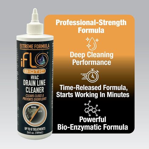 iFLO® Extreme A/C Drain Line Cleaner - حل نظام التدفئة والتهوية وتكييف الهواء سريع المفعول وطويل الأمد للسدادات الصعبة والتراكمات - منظف احترافي لتصريف السوائل ومزيل الانسداد، زجاجة 24 أونصة، عبوة واحدة in Saudi Arabia