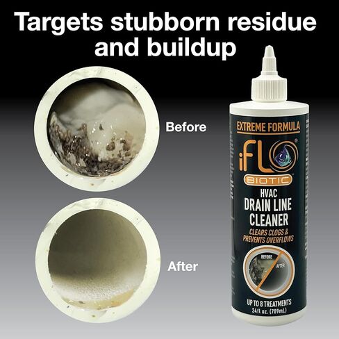 iFLO® Extreme A/C Drain Line Cleaner - حل نظام التدفئة والتهوية وتكييف الهواء سريع المفعول وطويل الأمد للسدادات الصعبة والتراكمات - منظف احترافي لتصريف السوائل ومزيل الانسداد، زجاجة 24 أونصة، عبوة واحدة in Saudi Arabia