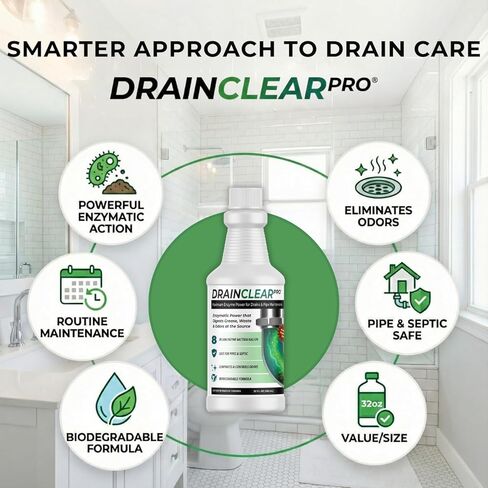 منظف ​​الصرف الإنزيمي برو من درين كلير 32oz - تركيبة إنزيمية تهضم الشحوم والنفايات والروائح - آمن للأنابيب وأنظمة الصرف الصحي - معالجة الصرف القابلة للتحلل للاستخدام المنزلي والتجاري in Kuwait