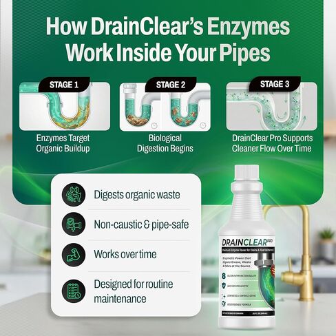 منظف ​​الصرف الإنزيمي برو من درين كلير 32oz - تركيبة إنزيمية تهضم الشحوم والنفايات والروائح - آمن للأنابيب وأنظمة الصرف الصحي - معالجة الصرف القابلة للتحلل للاستخدام المنزلي والتجاري in Kuwait