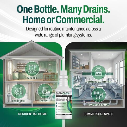 منظف ​​الصرف الإنزيمي برو من درين كلير 32oz - تركيبة إنزيمية تهضم الشحوم والنفايات والروائح - آمن للأنابيب وأنظمة الصرف الصحي - معالجة الصرف القابلة للتحلل للاستخدام المنزلي والتجاري in Kuwait
