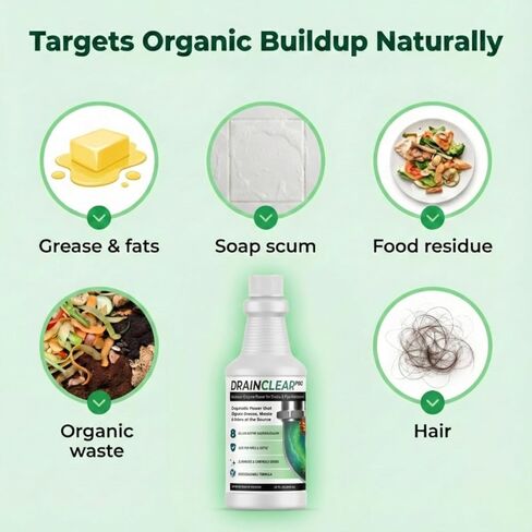 منظف ​​الصرف الإنزيمي برو من درين كلير 32oz - تركيبة إنزيمية تهضم الشحوم والنفايات والروائح - آمن للأنابيب وأنظمة الصرف الصحي - معالجة الصرف القابلة للتحلل للاستخدام المنزلي والتجاري in Kuwait