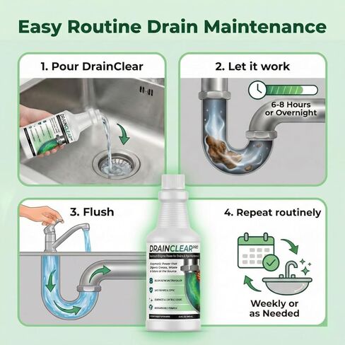 منظف ​​الصرف الإنزيمي برو من درين كلير 32oz - تركيبة إنزيمية تهضم الشحوم والنفايات والروائح - آمن للأنابيب وأنظمة الصرف الصحي - معالجة الصرف القابلة للتحلل للاستخدام المنزلي والتجاري in Kuwait