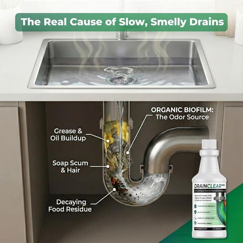 منظف ​​الصرف الإنزيمي برو من درين كلير 32oz - تركيبة إنزيمية تهضم الشحوم والنفايات والروائح - آمن للأنابيب وأنظمة الصرف الصحي - معالجة الصرف القابلة للتحلل للاستخدام المنزلي والتجاري in Kuwait