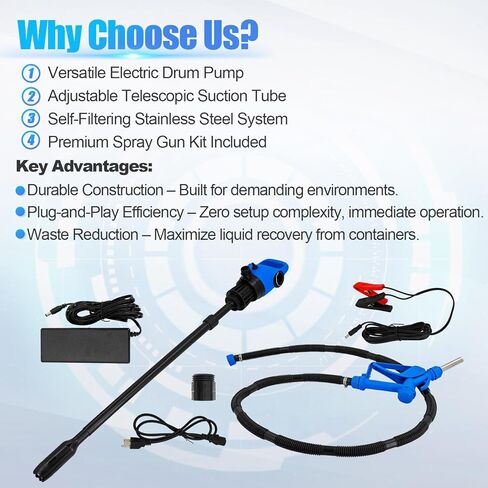 120V AC Electric Drum Pump with 12V DC Power, 55 Gallon Drum Pump with Built-in 2-Inch Bung Adapter, 5 Gallons Per Minute Flow Rate Liquid Transfer for DEF Diesel Water Antifreeze in Kuwait