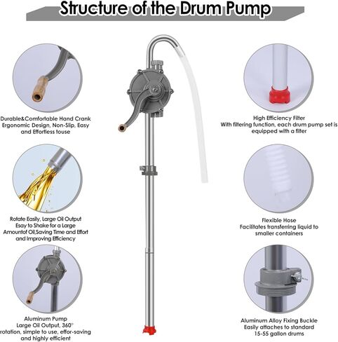 مضخة طبل سعة 55 جالونًا، مضخة زيت يدوية من الألومنيوم 7GPM بالكامل، تناسب براميل وبراميل من 15 إلى 55 جالونًا، متوافقة مع وقود الديزل والكيروسين والمحرك والزيت الهيدروليكي وزيت التروس (المرآب/المزرعة/الاستخدام الصناعي) in Kuwait