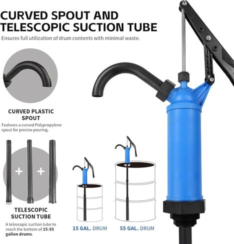 MaxWorks Lever Action Plastic Drum Pump 9 oz per Stroke High Volume Manual Dispenser Fits 15 to 55 Gallon Drums Chemical Resistant for Fuel Water Based Solutions and Acidic Fluids (51046) in Saudi Arabia