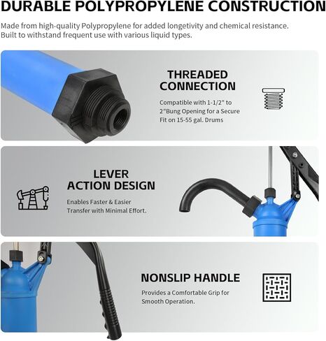 MaxWorks Lever Action Plastic Drum Pump 9 oz per Stroke High Volume Manual Dispenser Fits 15 to 55 Gallon Drums Chemical Resistant for Fuel Water Based Solutions and Acidic Fluids (51046) in Saudi Arabia