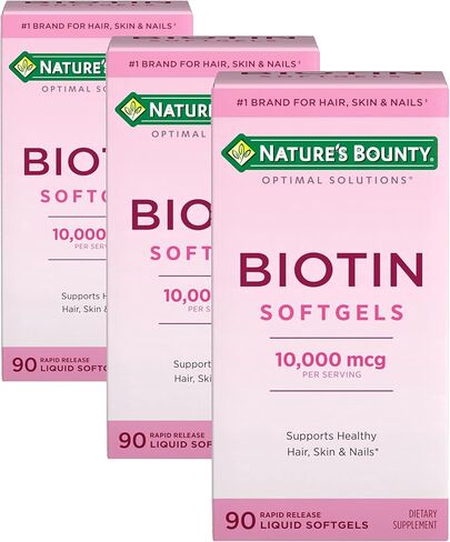 Nature's Bounty Biotin 10000mcg Supplement, Supports Healthy Hair, Skin and Nails, Optimal Solutions Hair Vitamin with Biotin, 90 Rapid Release Liquid Softgels in Saudi Arabia