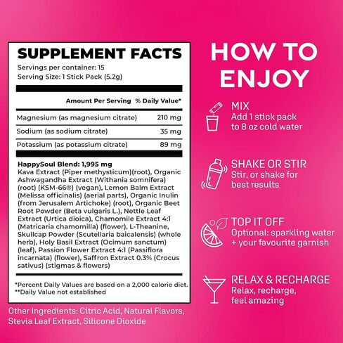 مسحوق مزيج مشروب HappySoul Kava - مزيج موكتيل بديل للكحول للاسترخاء - مشروب Kava Kava Adaptogen مع المغنيسيوم والأشواغاندا والثيانين والزعفران وجذور البنجر | بيري، 15 علبة عصا in Saudi Arabia